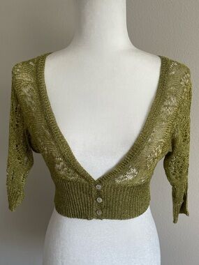 Olive Green Cropped Knit Cardigan with Button Front Size S/M